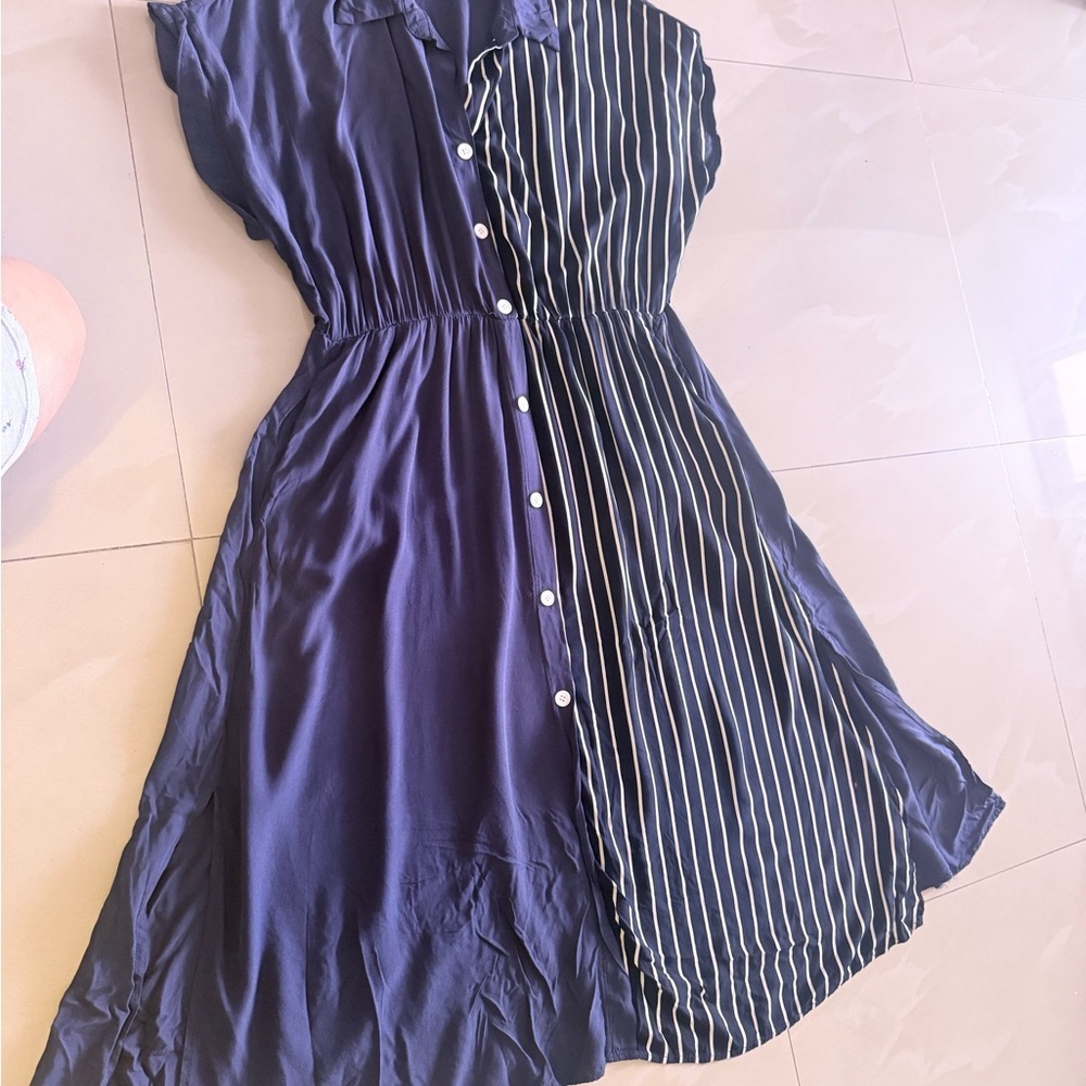BloomChic Navy and White Striped Maxi Shirt Dress - Picture 10 of 11